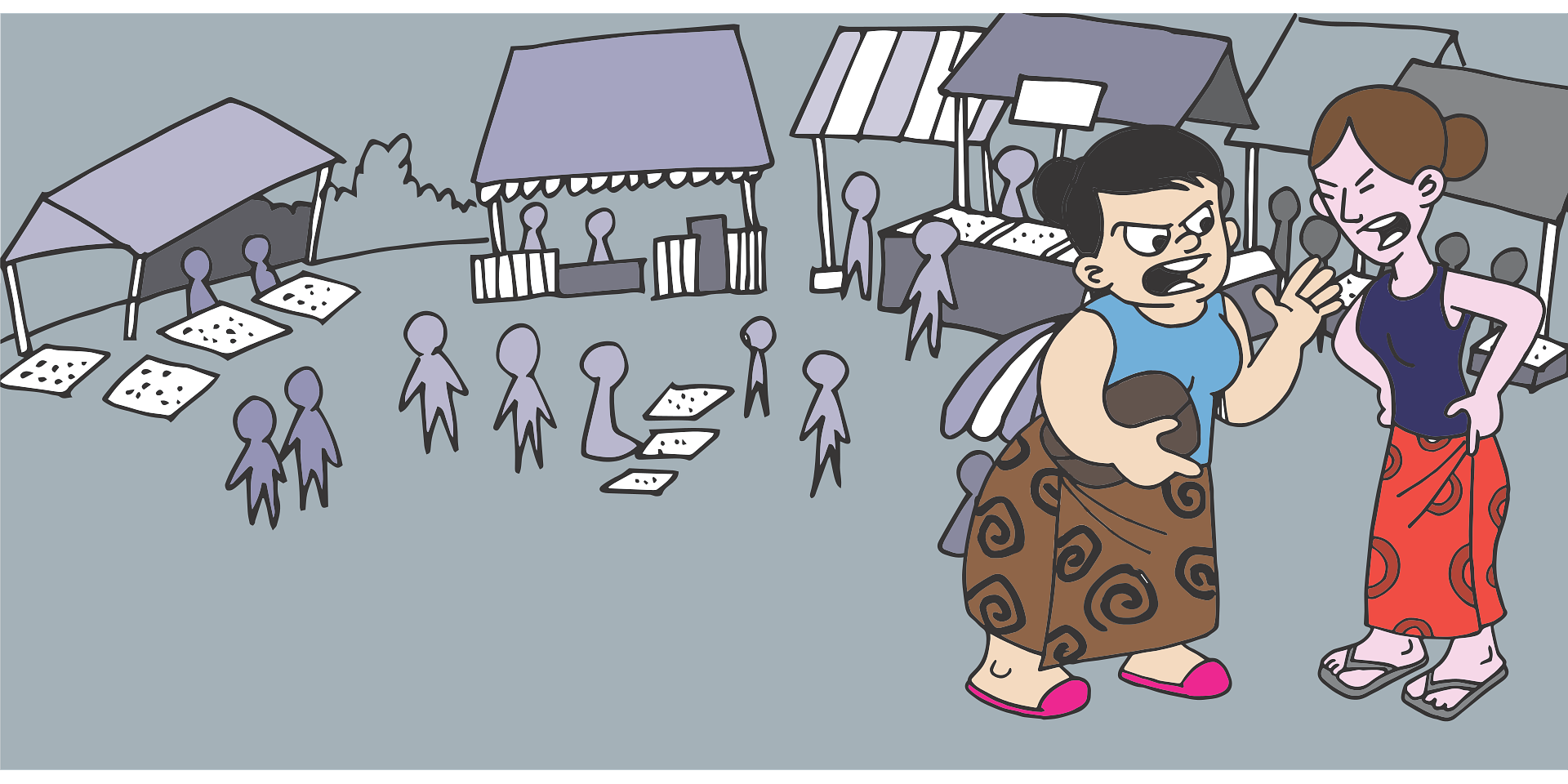 Illustration of organized market booth layout with vendors and shoppers